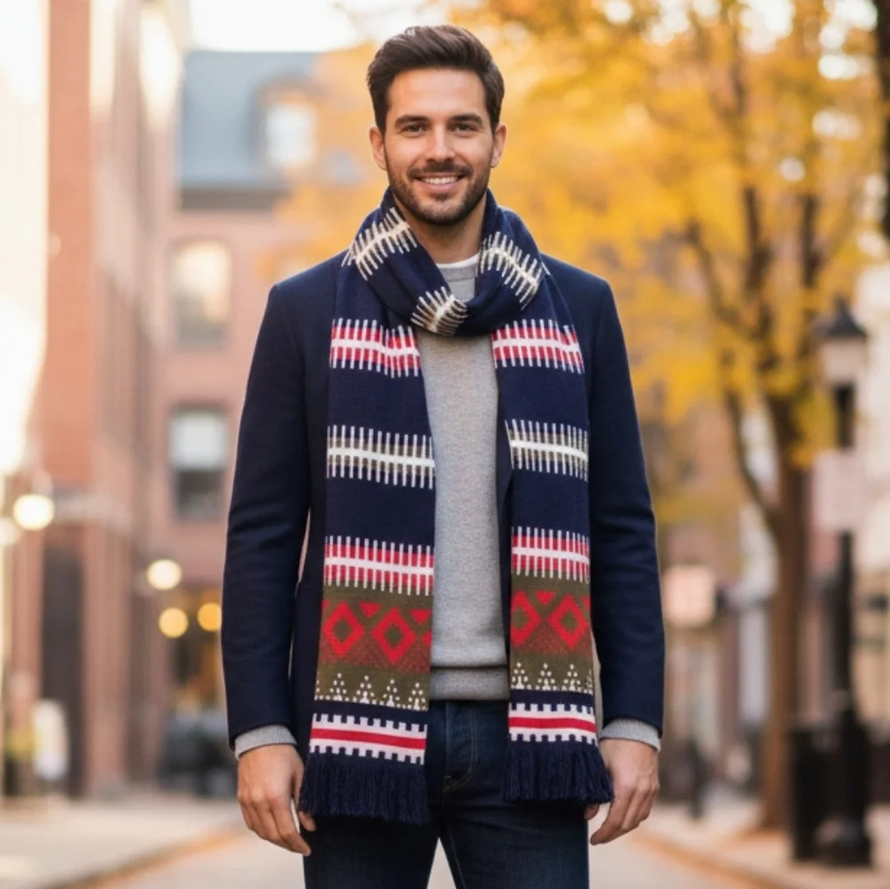J. Crew Fair Isle Scarf Navy Blue Red Geometric Knit Winter Wool Blend Nordic